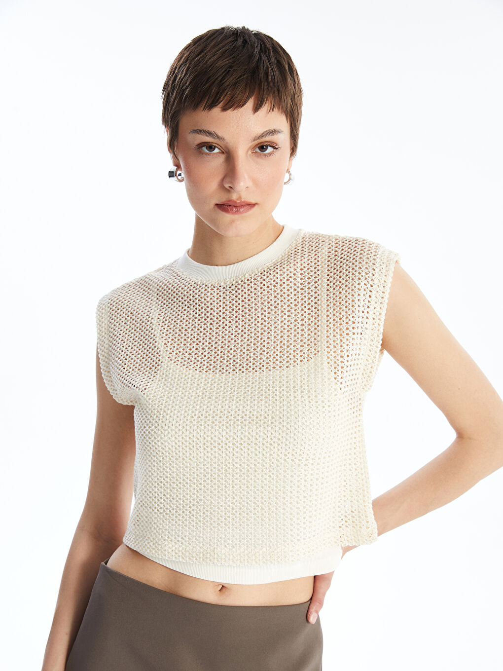 Crew Neck Openwork Women's Undershirt and Blouse Set -S4MG83Z8-R9J