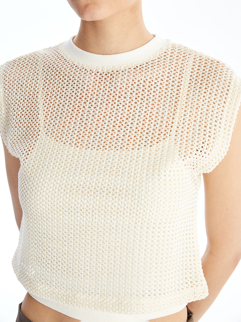 Crew Neck Openwork Women's Undershirt and Blouse Set -S4MG83Z8-R9J