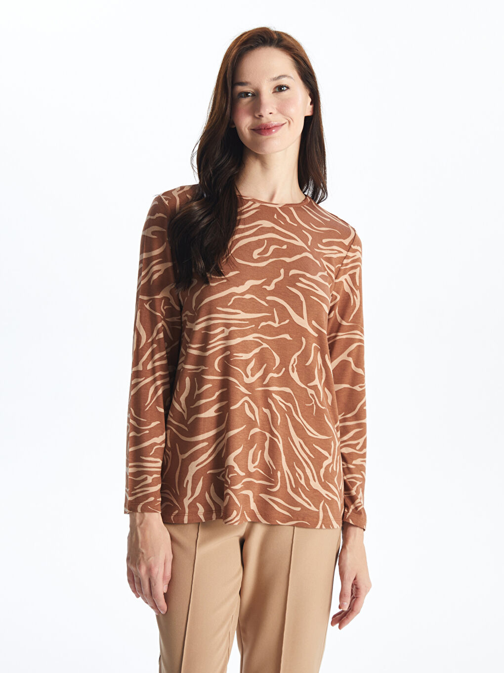 Kahverengi Bisiklet Yaka Desenli Uzun Kollu Kadın Bluz