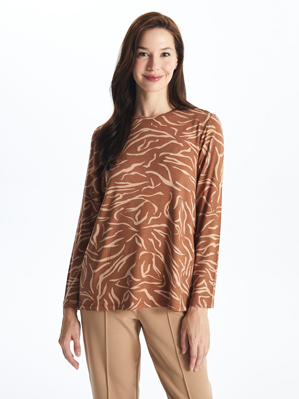 Kahverengi Bisiklet Yaka Desenli Uzun Kollu Kadın Bluz-1