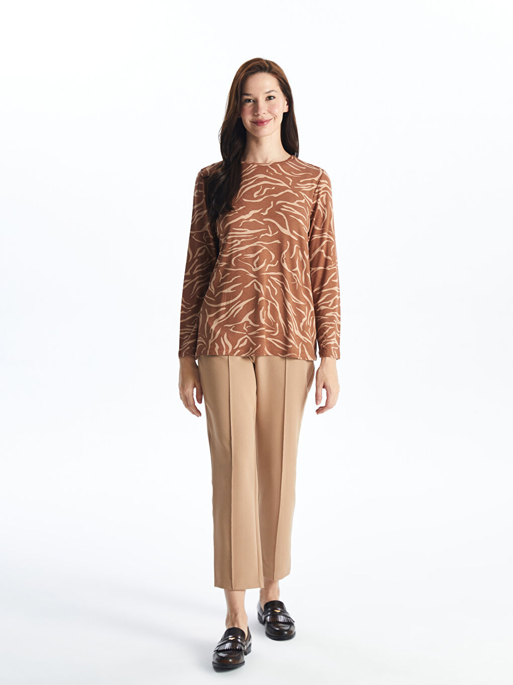 Kahverengi Bisiklet Yaka Desenli Uzun Kollu Kadın Bluz-2