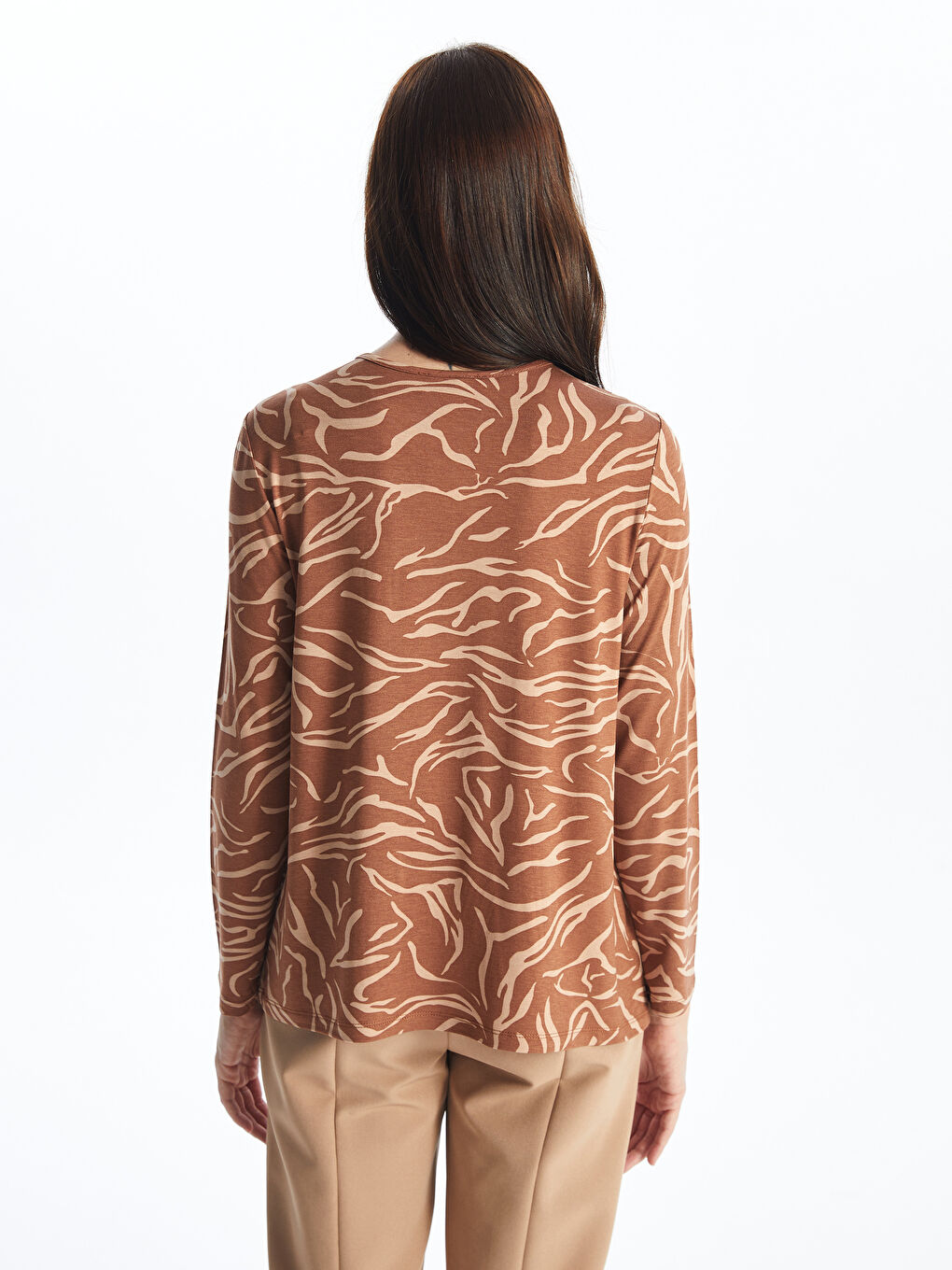 Kahverengi Bisiklet Yaka Desenli Uzun Kollu Kadın Bluz-4