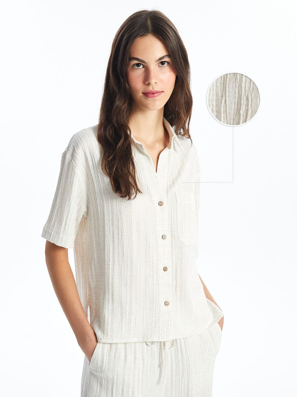 Ekru Düz Kısa Kollu Keten Karışımlı Kadın Gömlek