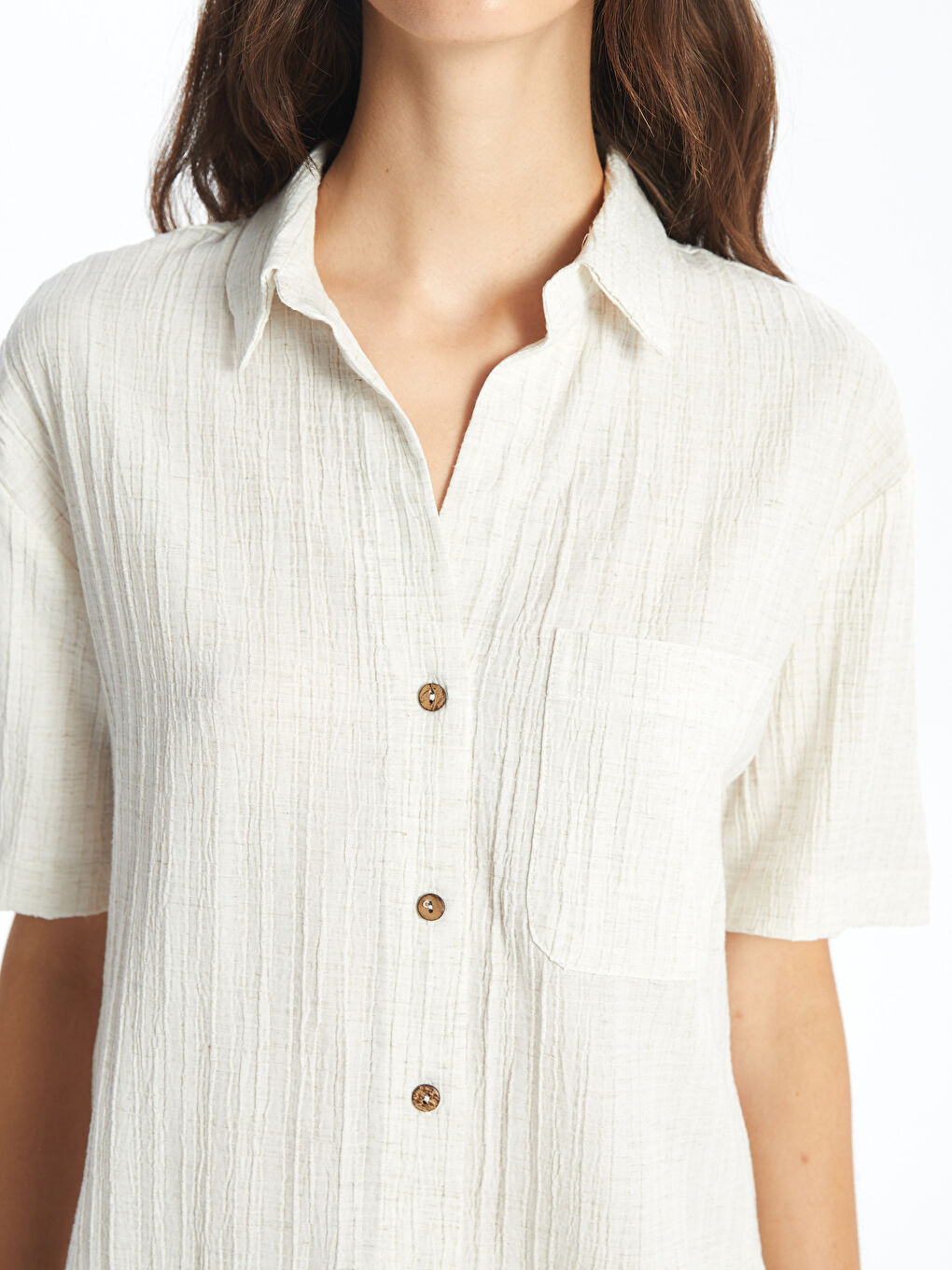 Ekru Düz Kısa Kollu Keten Karışımlı Kadın Gömlek-2