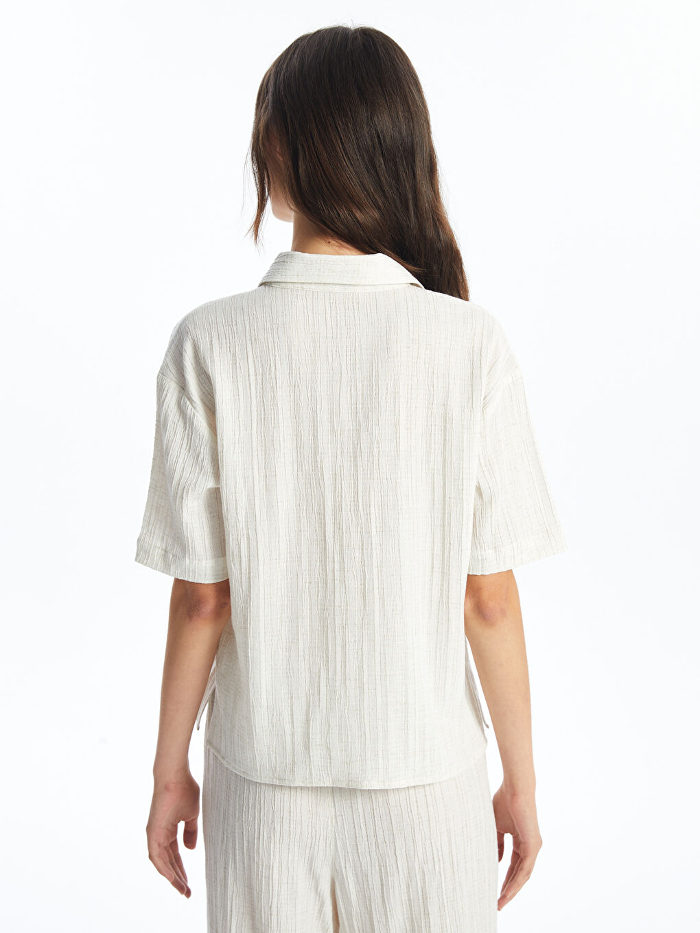 Ekru Düz Kısa Kollu Keten Karışımlı Kadın Gömlek-3