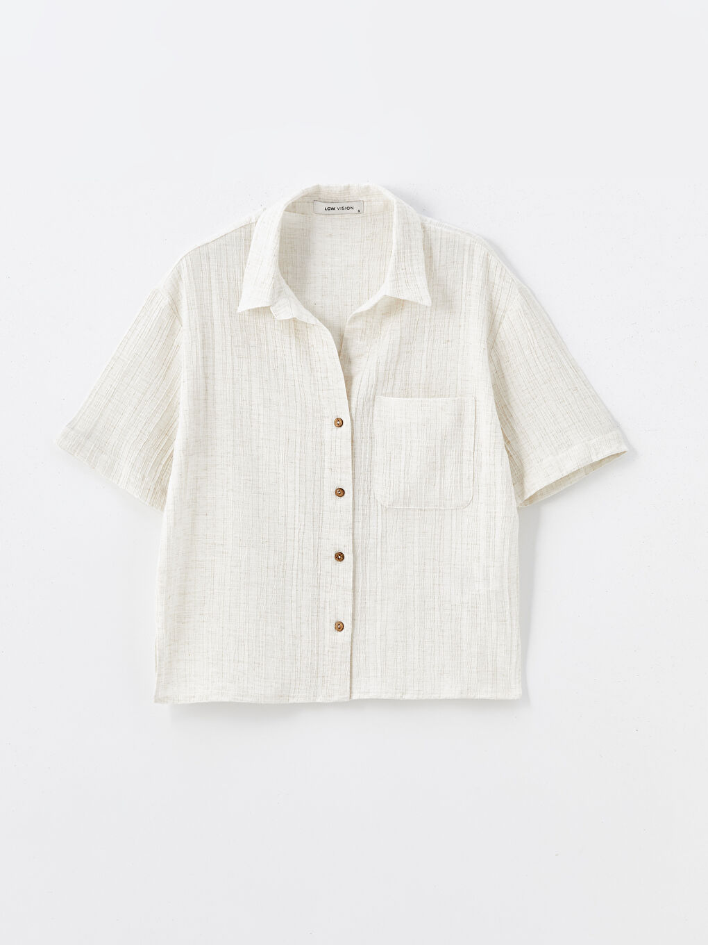 Ekru Düz Kısa Kollu Keten Karışımlı Kadın Gömlek-4