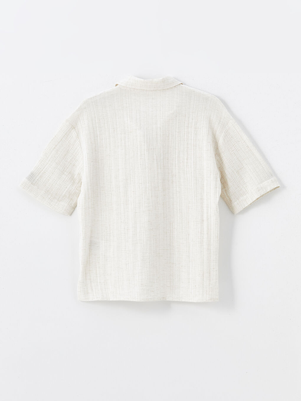 Ekru Düz Kısa Kollu Keten Karışımlı Kadın Gömlek-5