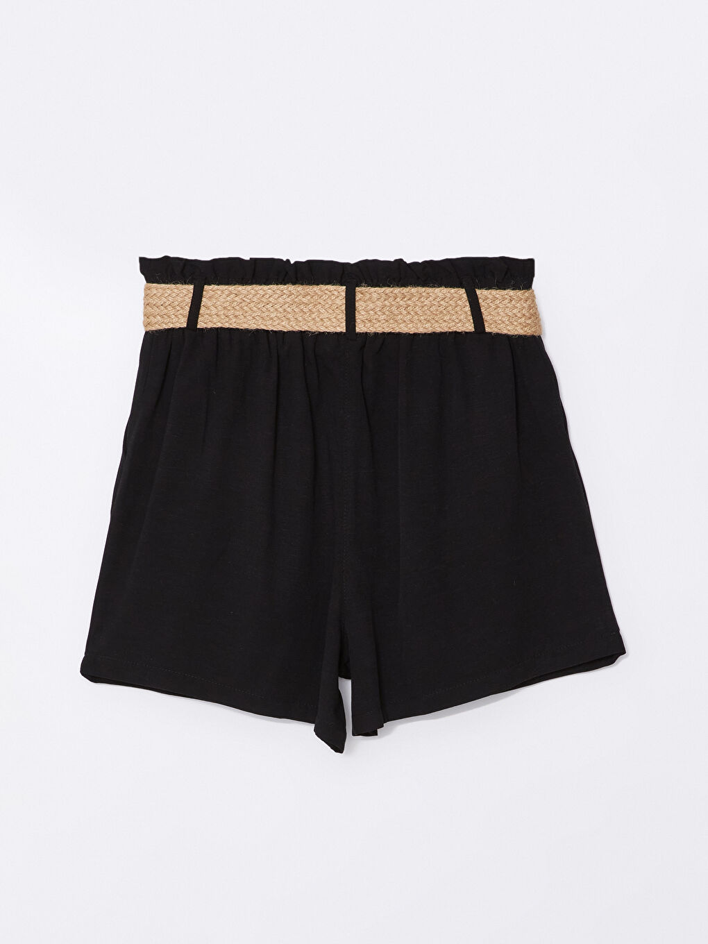 Siyah Beli Kemerli Keten Karışımlı Kadın Şort-5