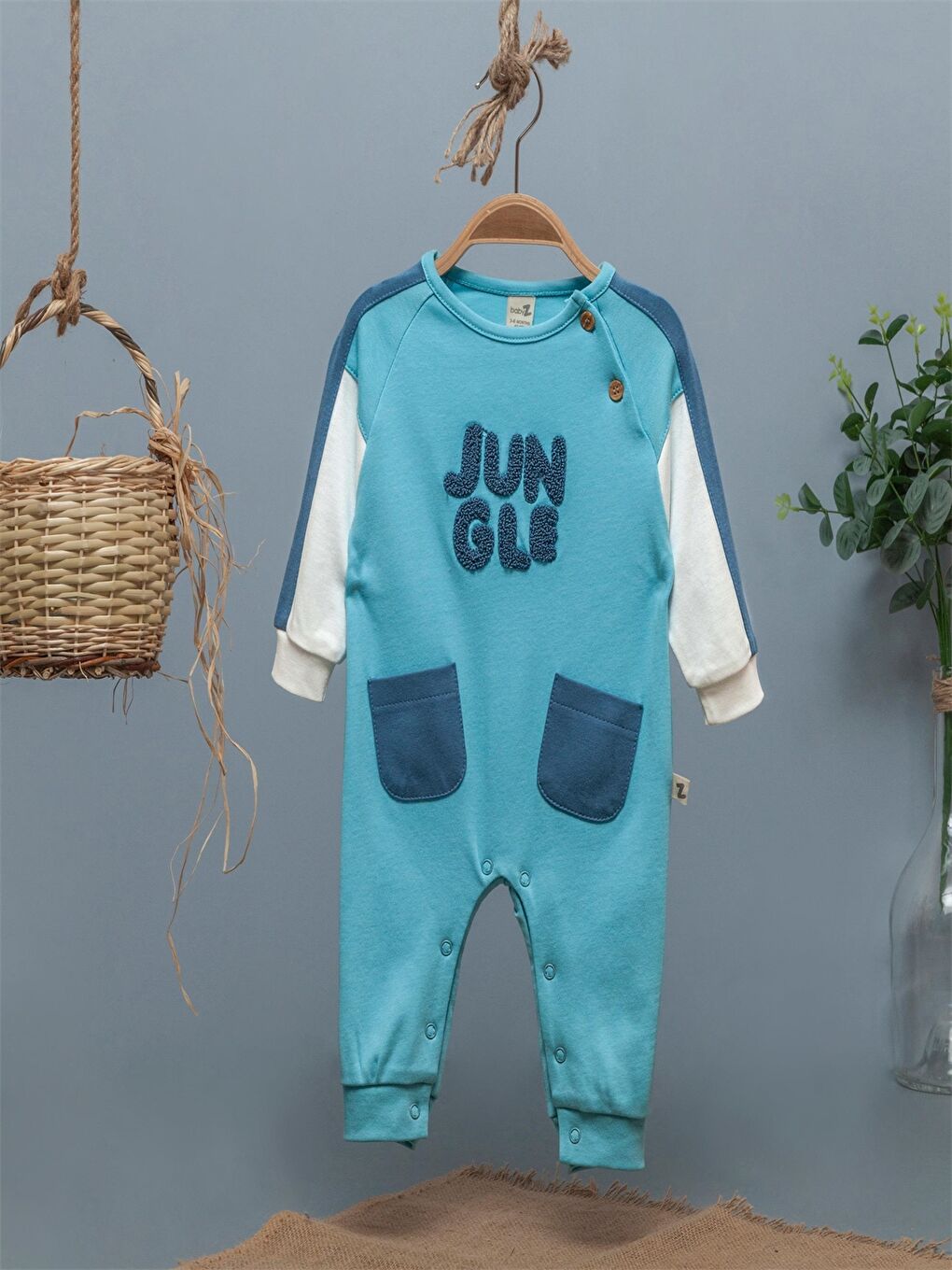 Turkuaz Bisiklet Yaka Nakışlı Erkek Bebek Tulum