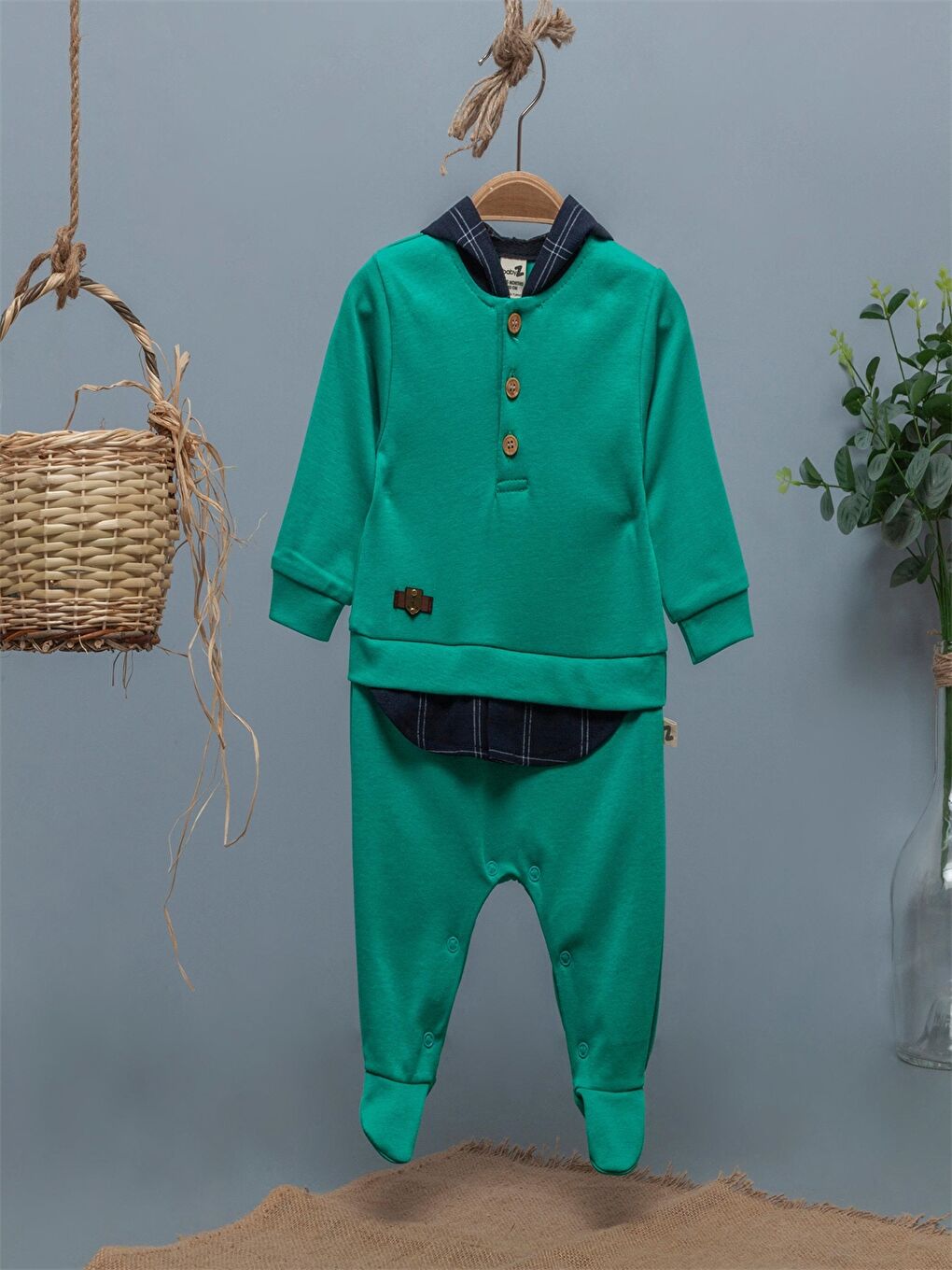 Babyzz Yeşil Kapüşonlu Erkek Bebek Tulum