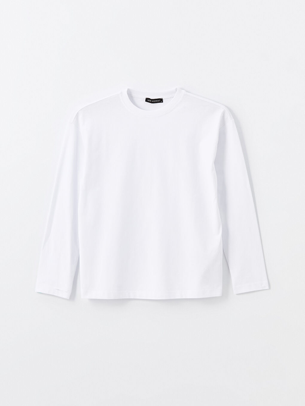 Beyaz Bisiklet Yaka Düz Uzun Kollu Kadın Tişört-4