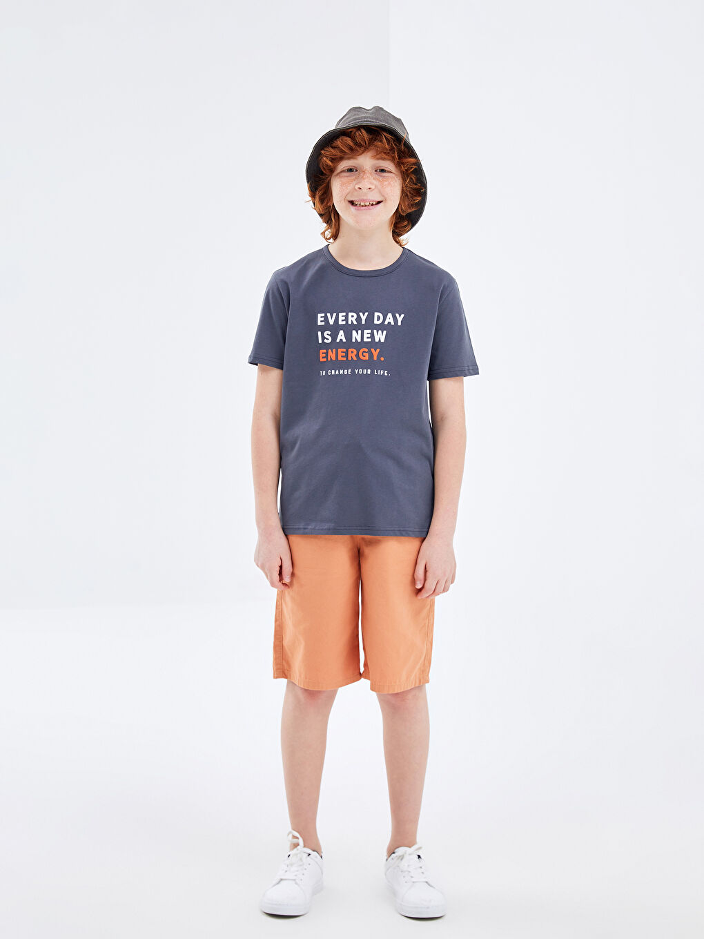 Antrasit Bisiklet Yaka Baskılı Kısa Kollu Erkek Çocuk Tişört-1