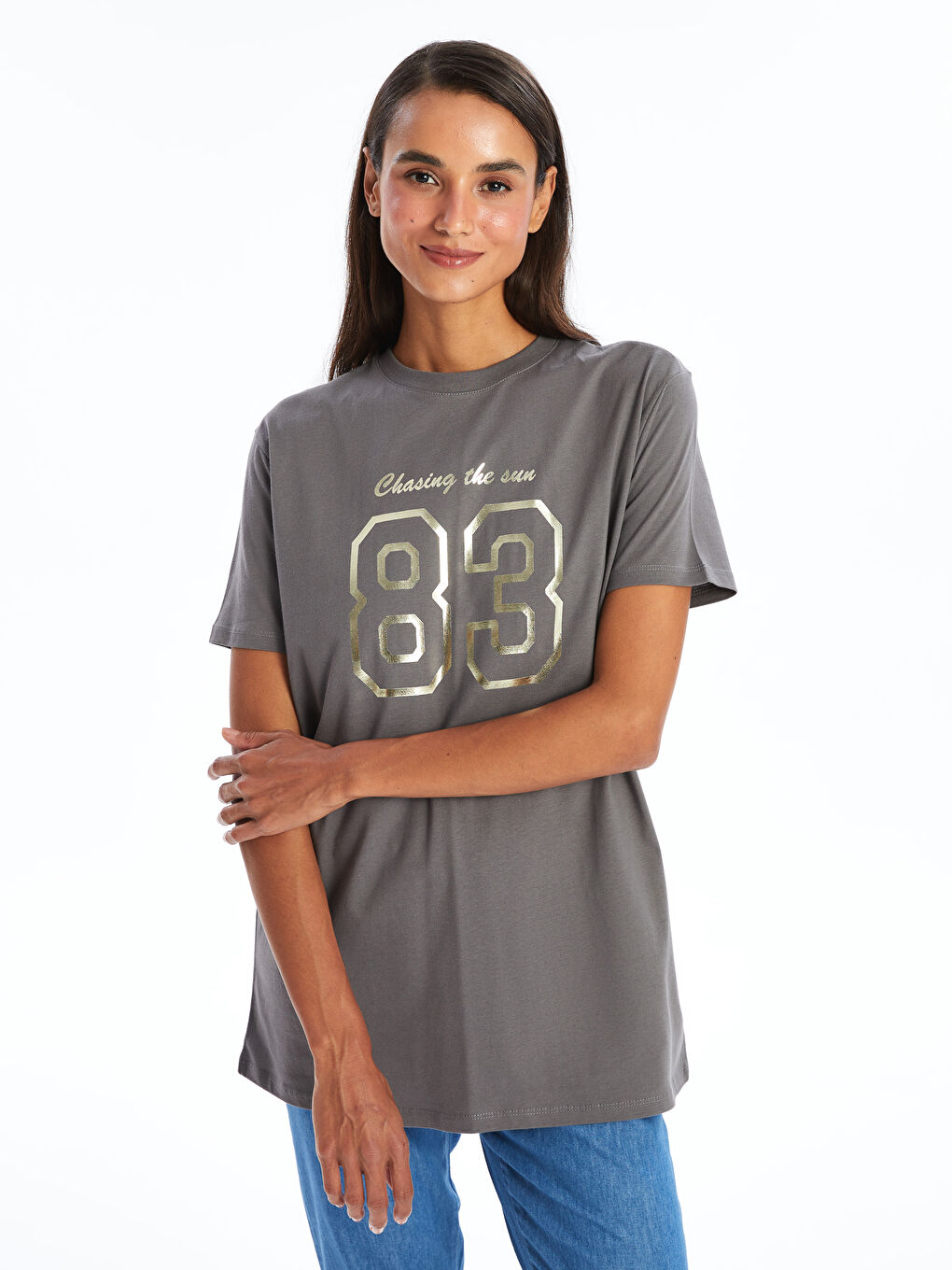 Gri Bisiklet Yaka Baskılı Kadın Tunik