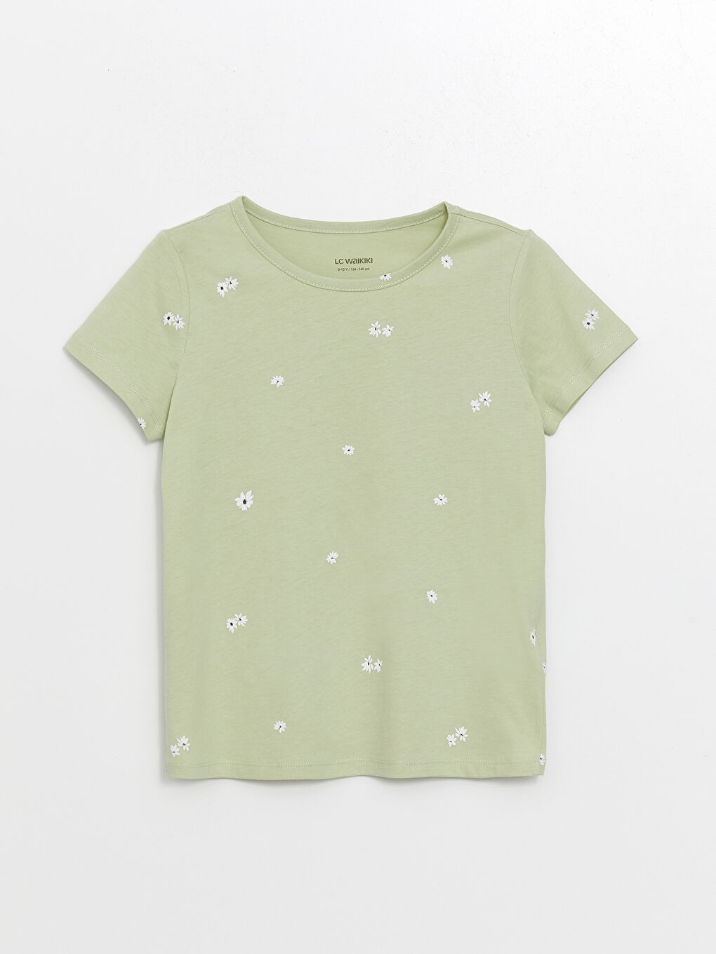 Yeşil Bisiklet Yaka Çiçekli Kısa Kollu Kız Çocuk Tişört-2