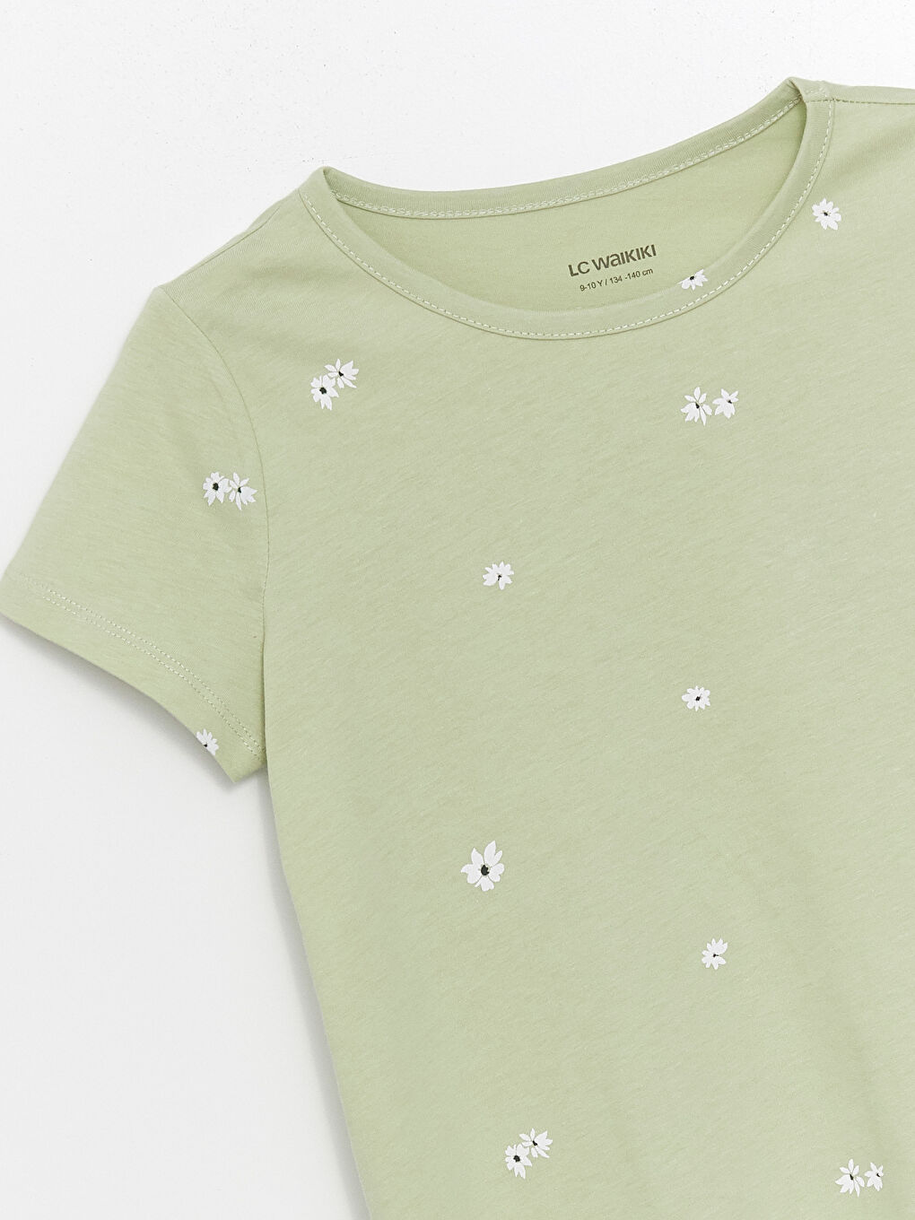 Yeşil Bisiklet Yaka Çiçekli Kısa Kollu Kız Çocuk Tişört-4