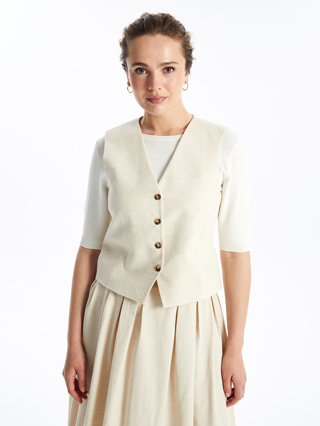 V-Neck Plain Linen Blend Women's Classic Vest