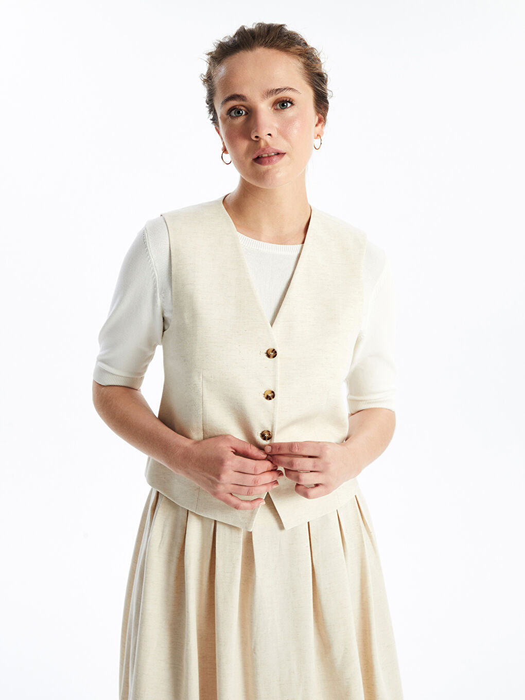V-Neck Plain Linen Blend Women's Classic Vest-2
