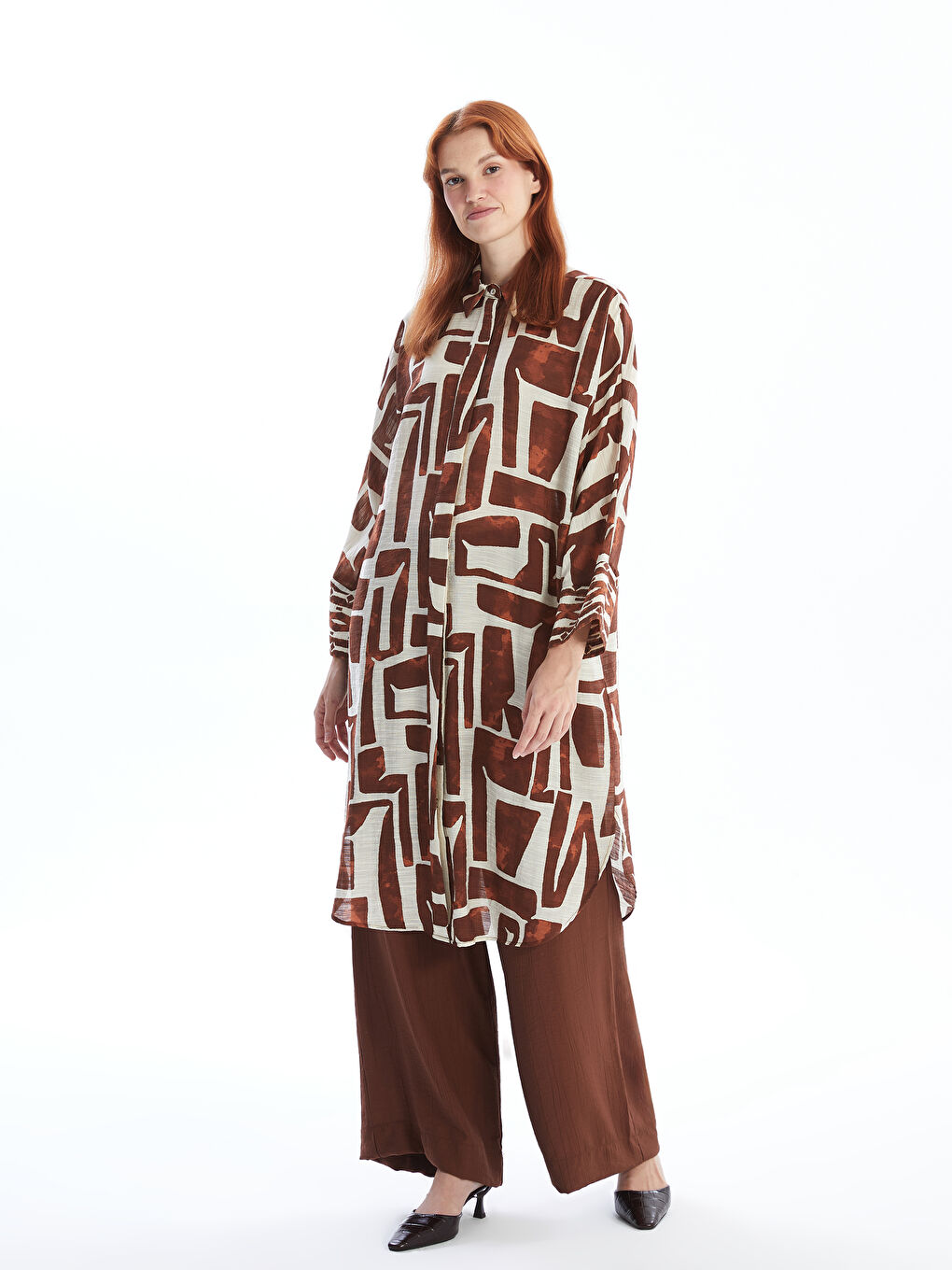 Kahverengi Desenli Oversize Kadın Gömlek Tunik