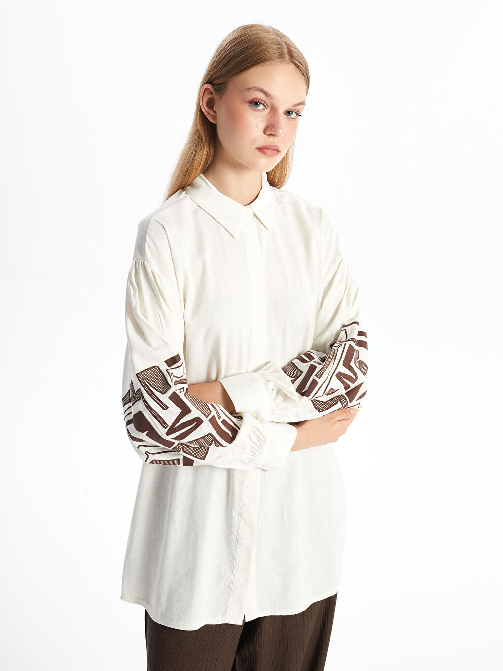 LCW Modest Ekru Desenli Oversize Keten Karışımlı Kadın Gömlek Tunik