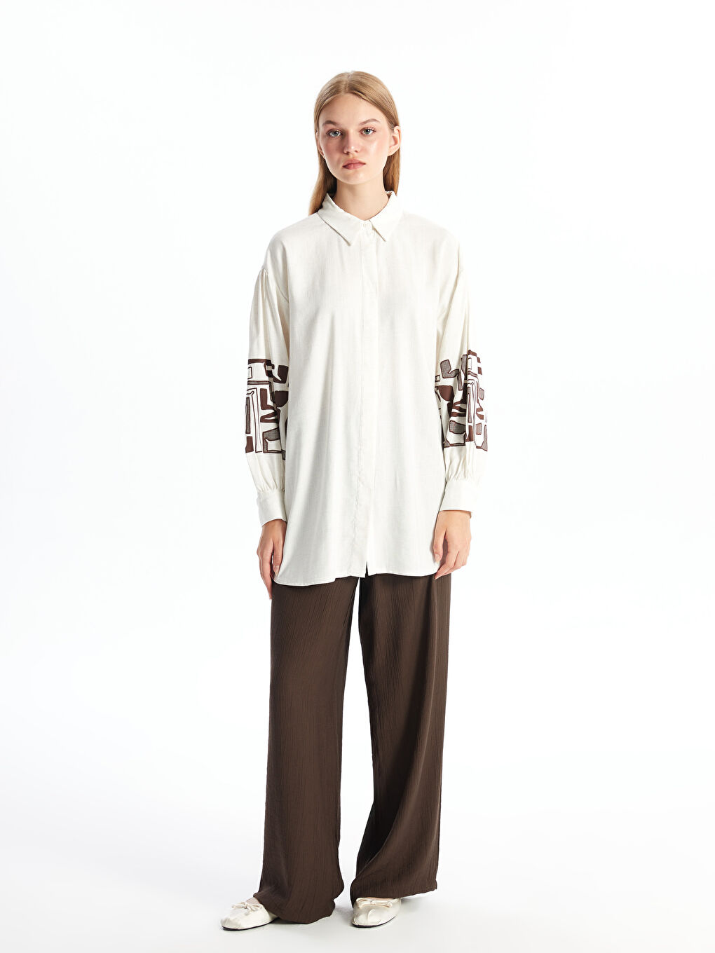 LCW Modest Ekru Desenli Oversize Keten Karışımlı Kadın Gömlek Tunik - 1