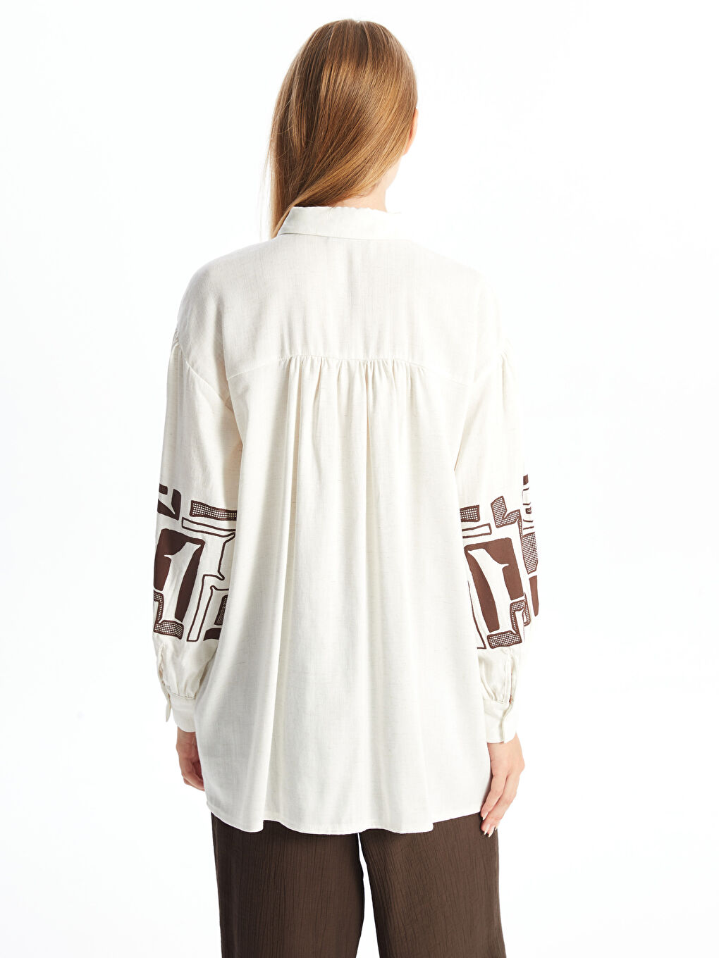 LCW Modest Ekru Desenli Oversize Keten Karışımlı Kadın Gömlek Tunik - 3