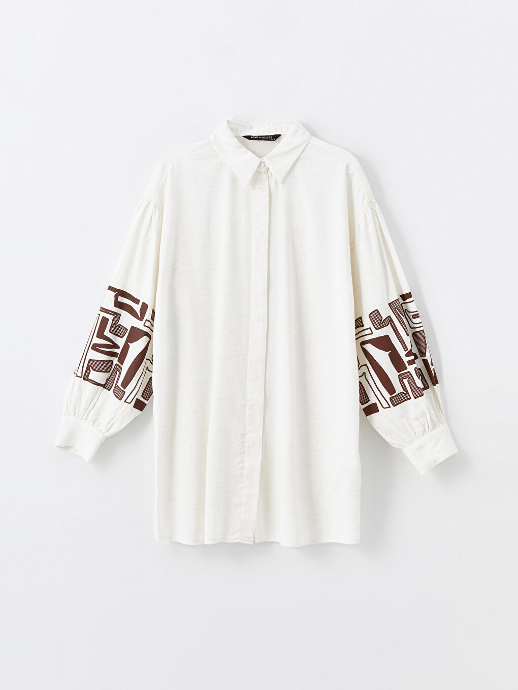 LCW Modest Ekru Desenli Oversize Keten Karışımlı Kadın Gömlek Tunik - 4