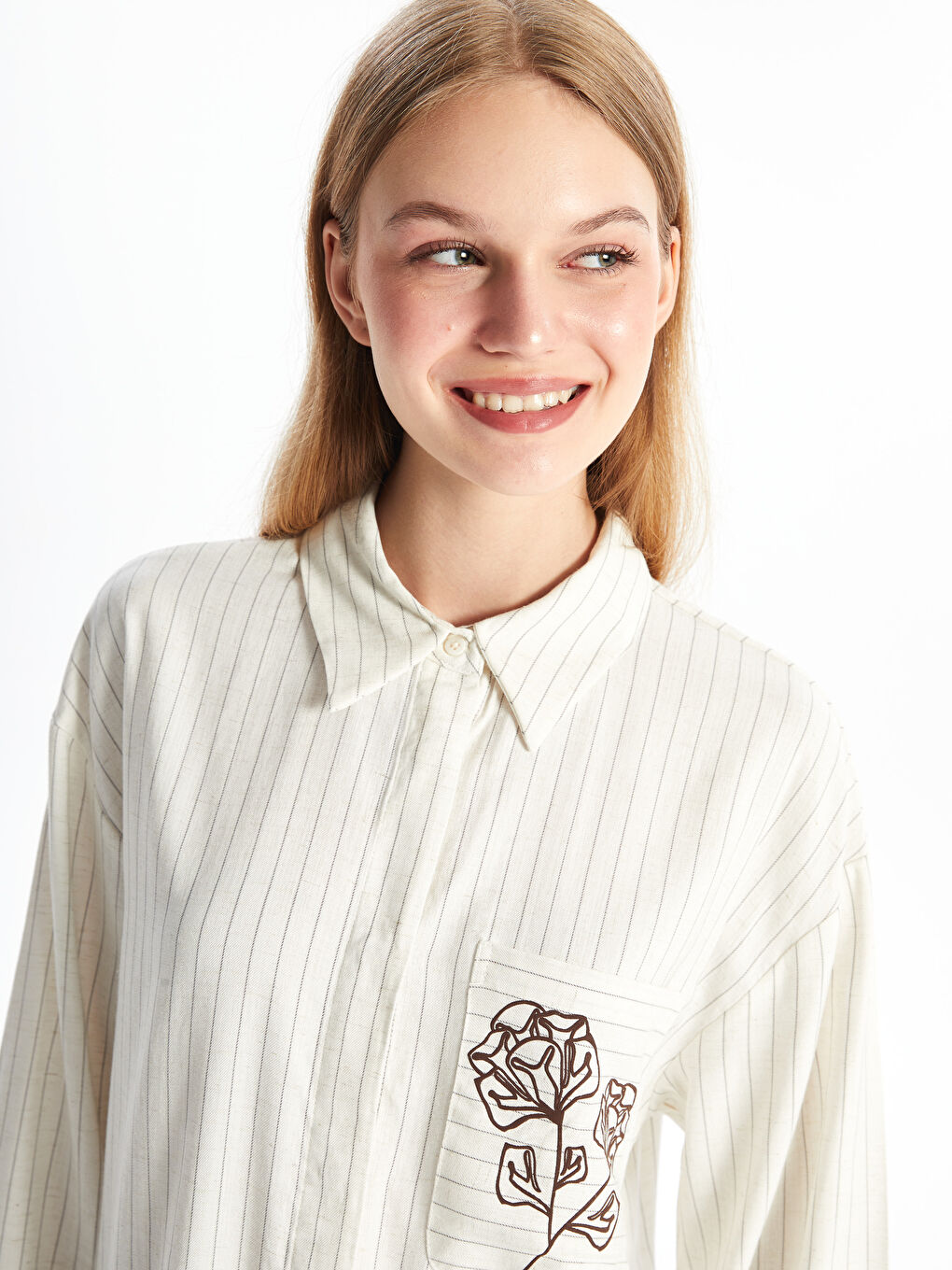 Ekru Çizgili Keten Karışımlı Kadın Gömlek Tunik