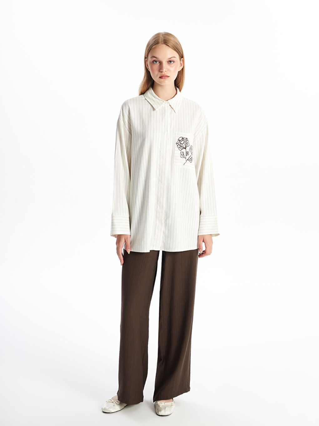 Ekru Çizgili Keten Karışımlı Kadın Gömlek Tunik-1