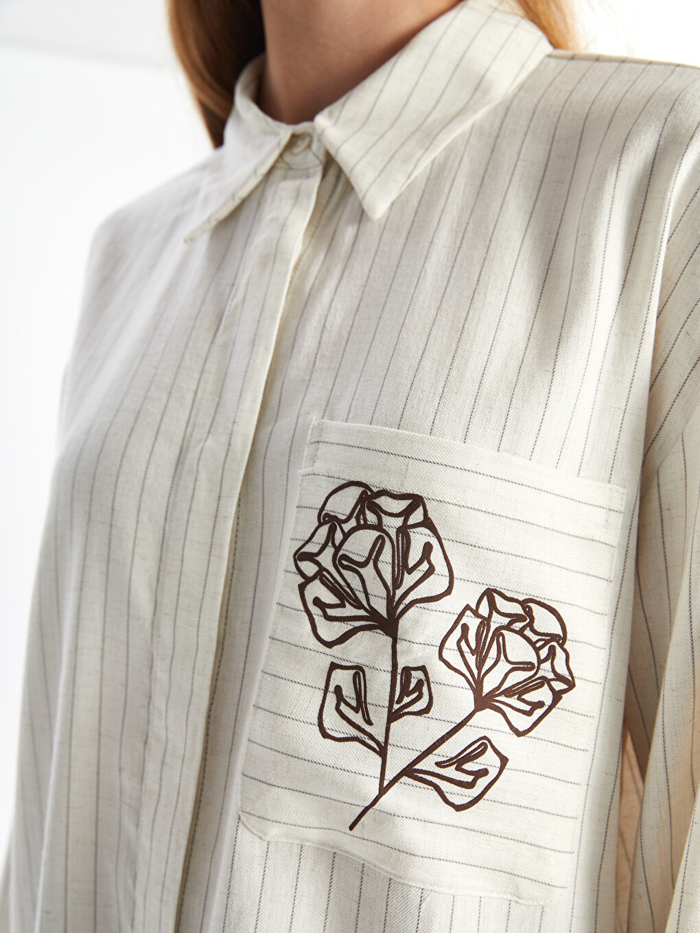 Ekru Çizgili Keten Karışımlı Kadın Gömlek Tunik-2