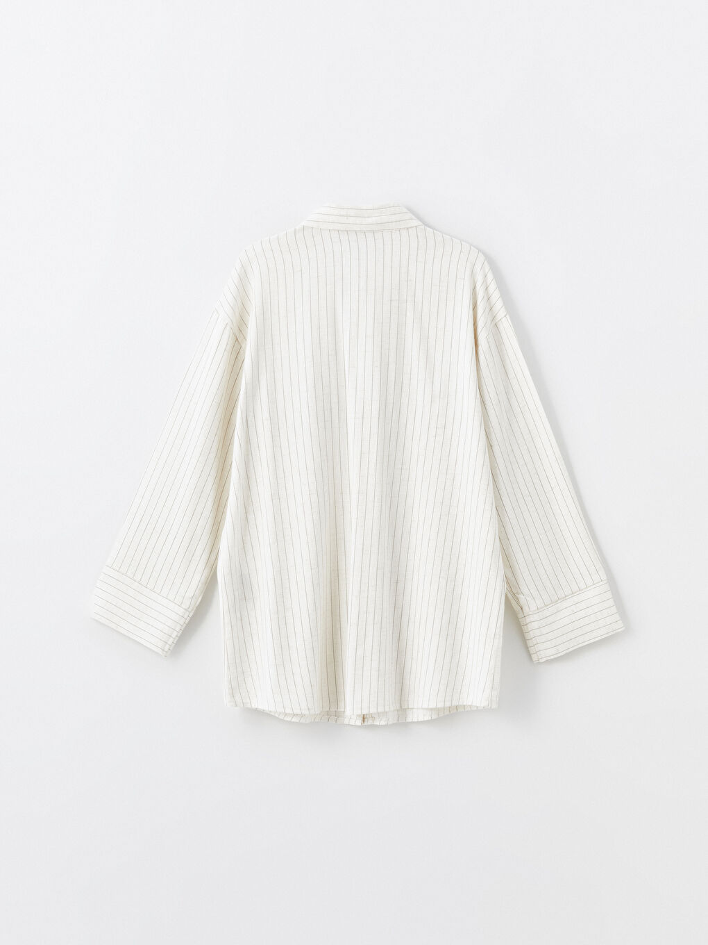 Ekru Çizgili Keten Karışımlı Kadın Gömlek Tunik-5