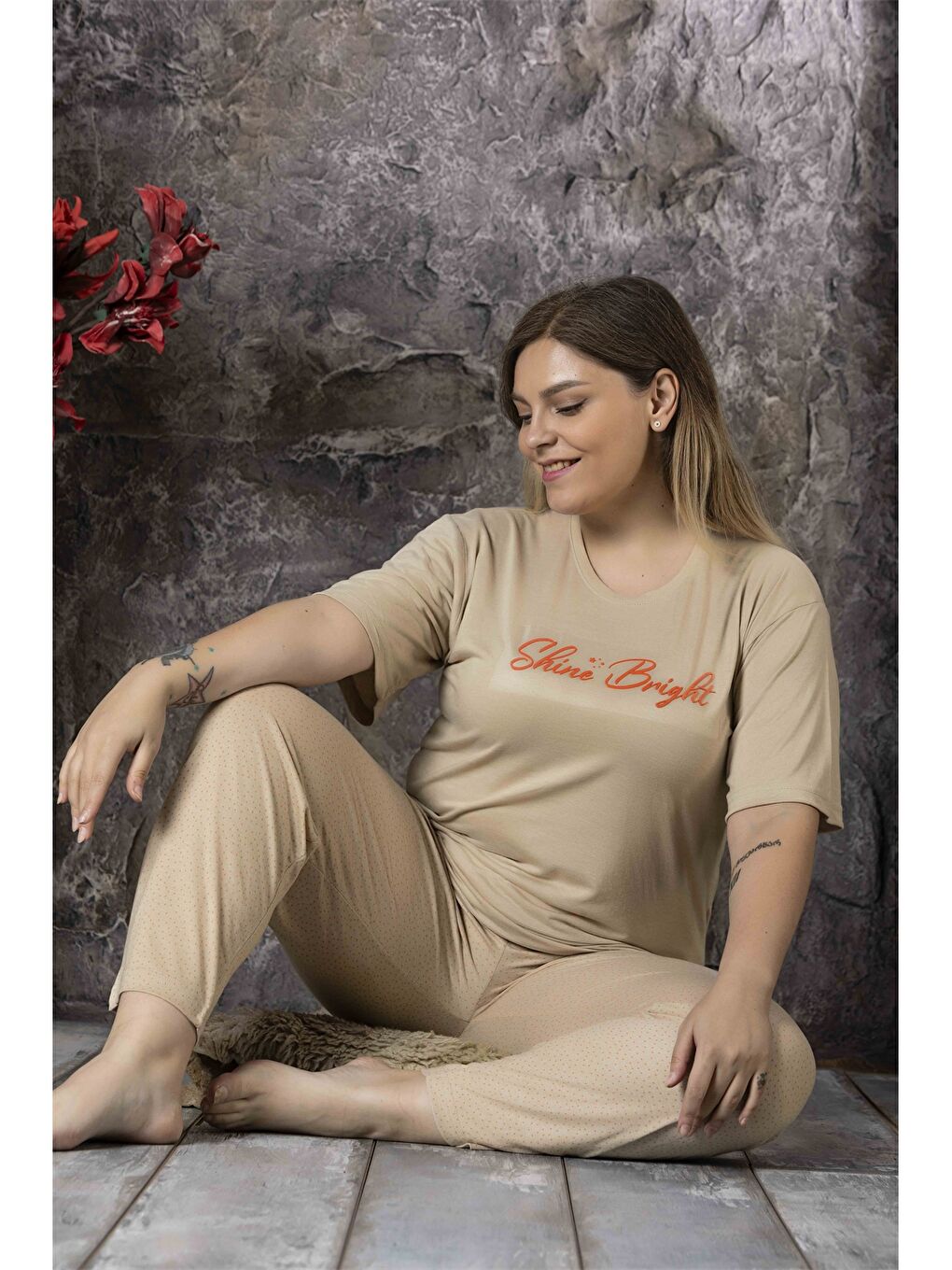 Bej Bisiklet Yaka Kadın Pijama Takım