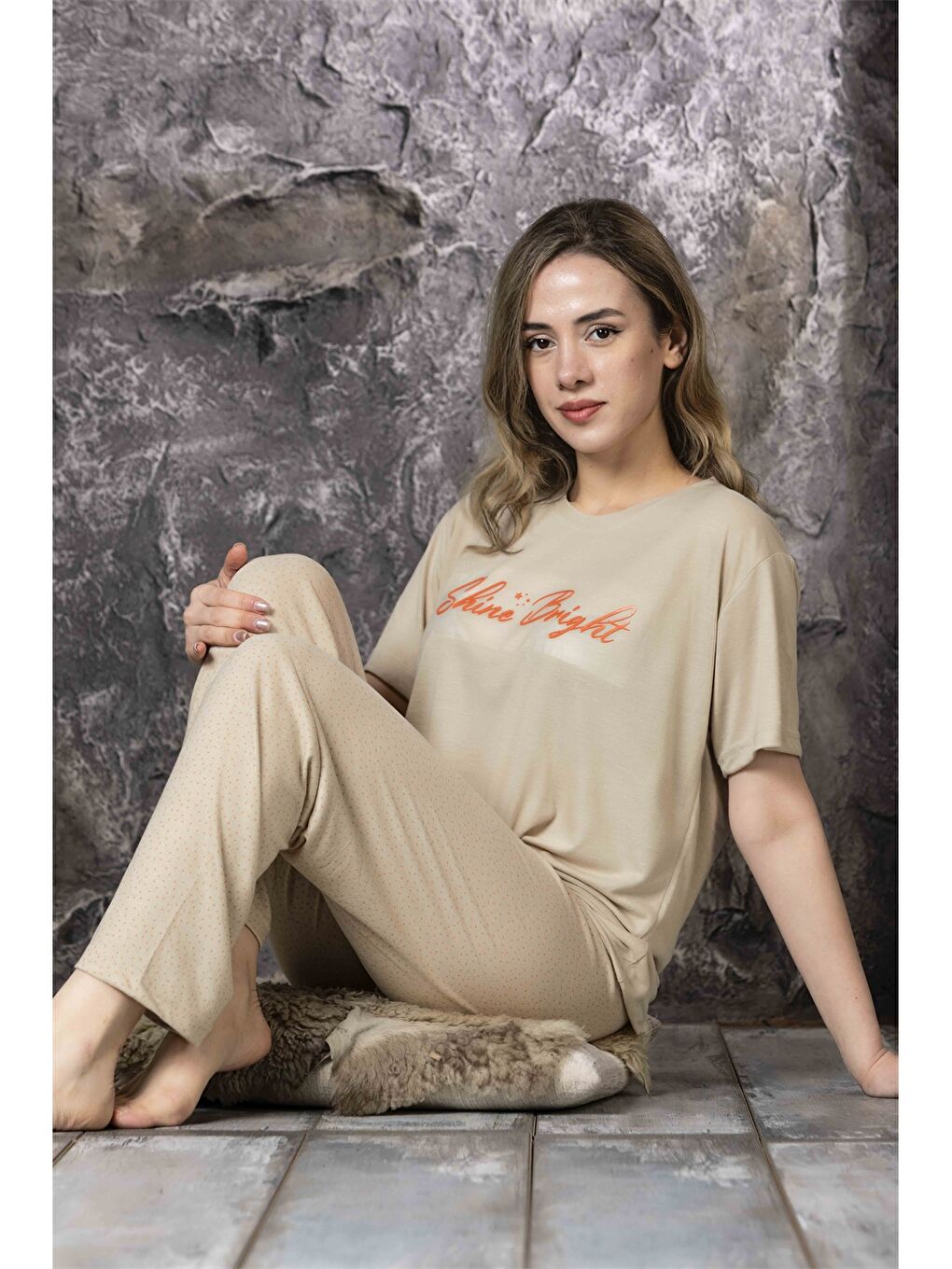 Bej Bisiklet Yaka Kadın Pijama Takım-1