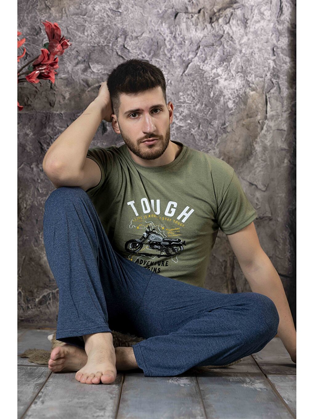 Haki Bisiklet Yaka Erkek Pijama Takımı