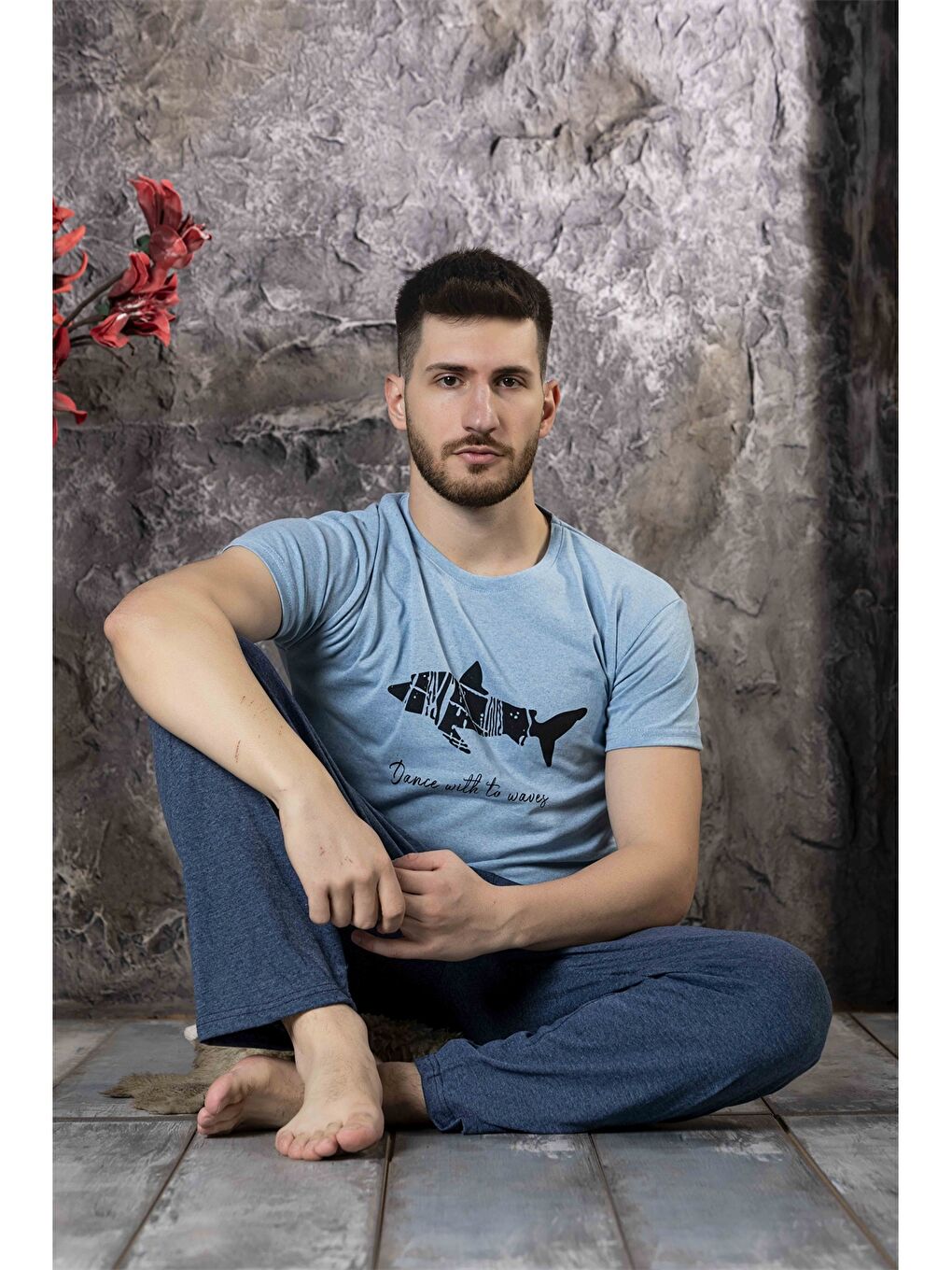 ERCAN Mavi Bisiklet Yaka Erkek Pijama Takımı