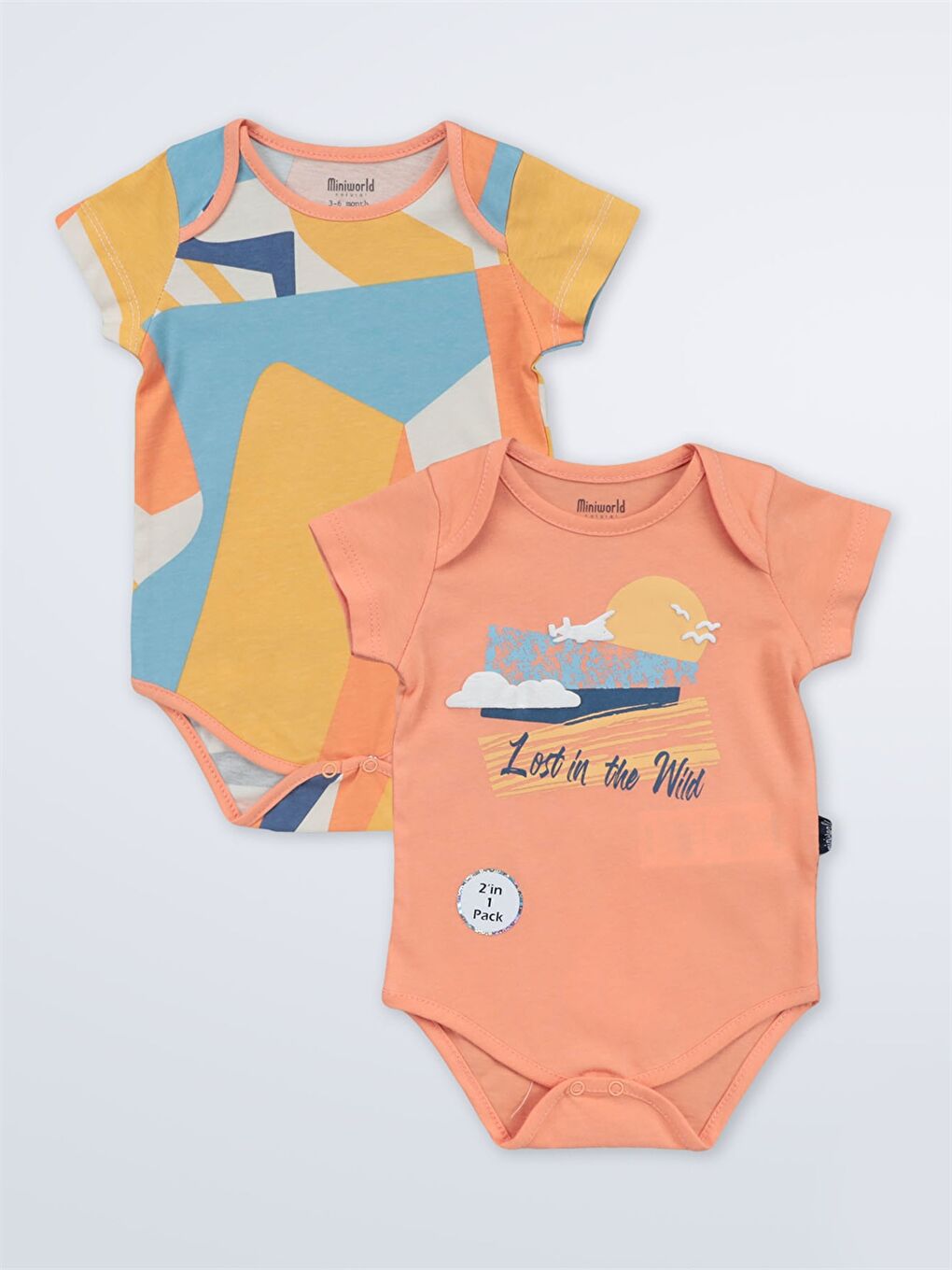 Turuncu Bisiklet Yaka Baskılı Erkek Bebek Çıtçıtlı Body 2'li