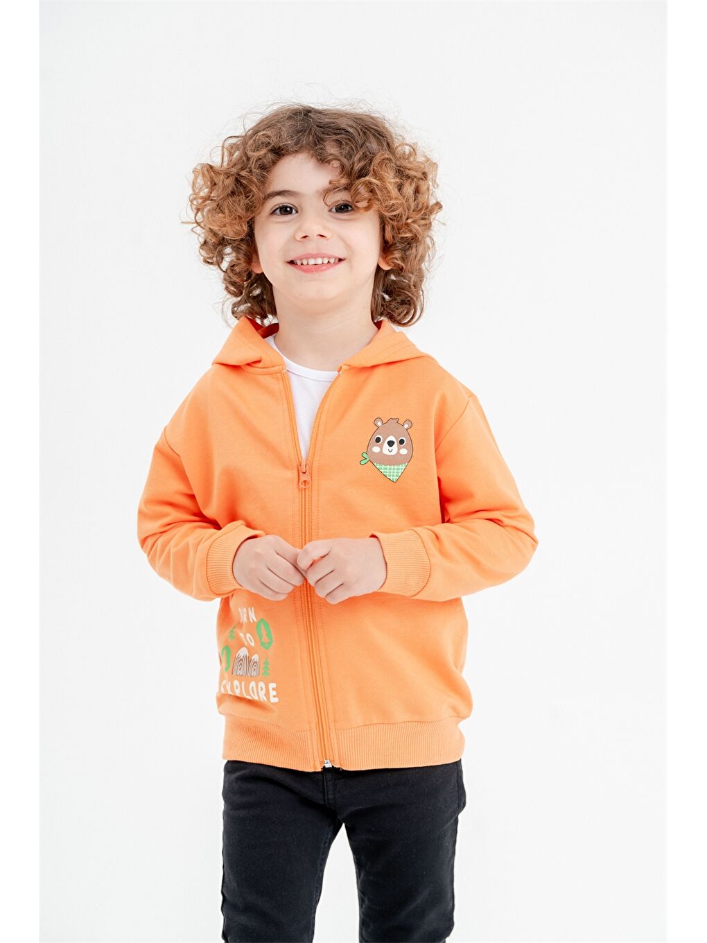 Turuncu Kapüşonlu Fermuarlı Erkek Bebek Sweatshirt