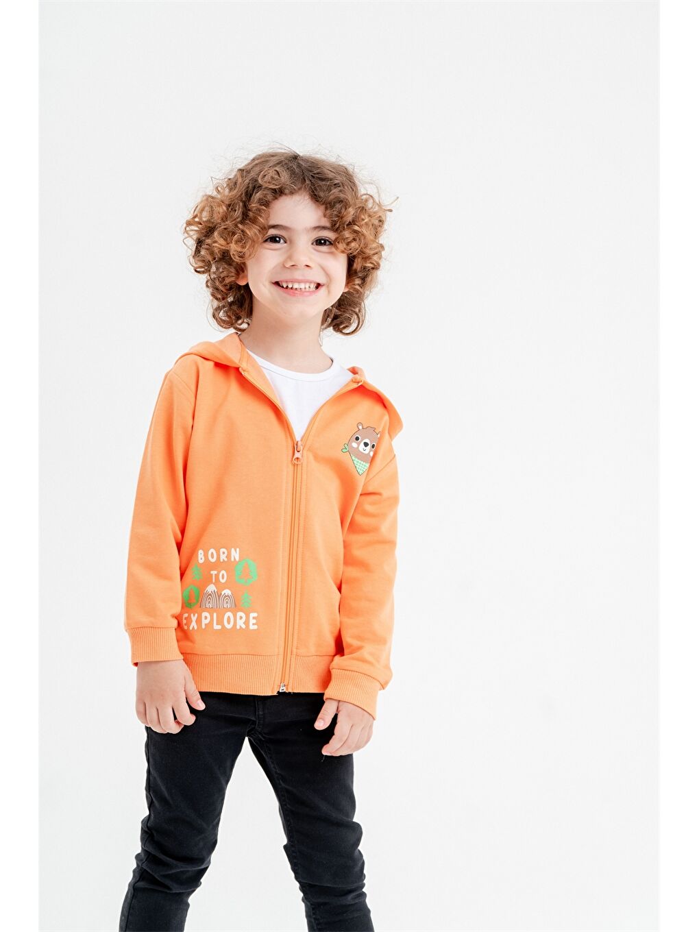 Turuncu Kapüşonlu Fermuarlı Erkek Bebek Sweatshirt-1