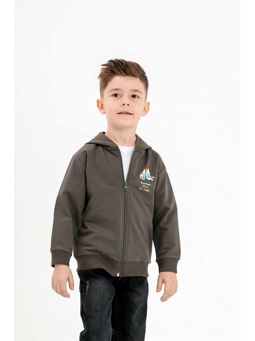 Mışıl Kids Haki Kapüşonlu Fermuarlı Erkek Bebek Sweatshirt