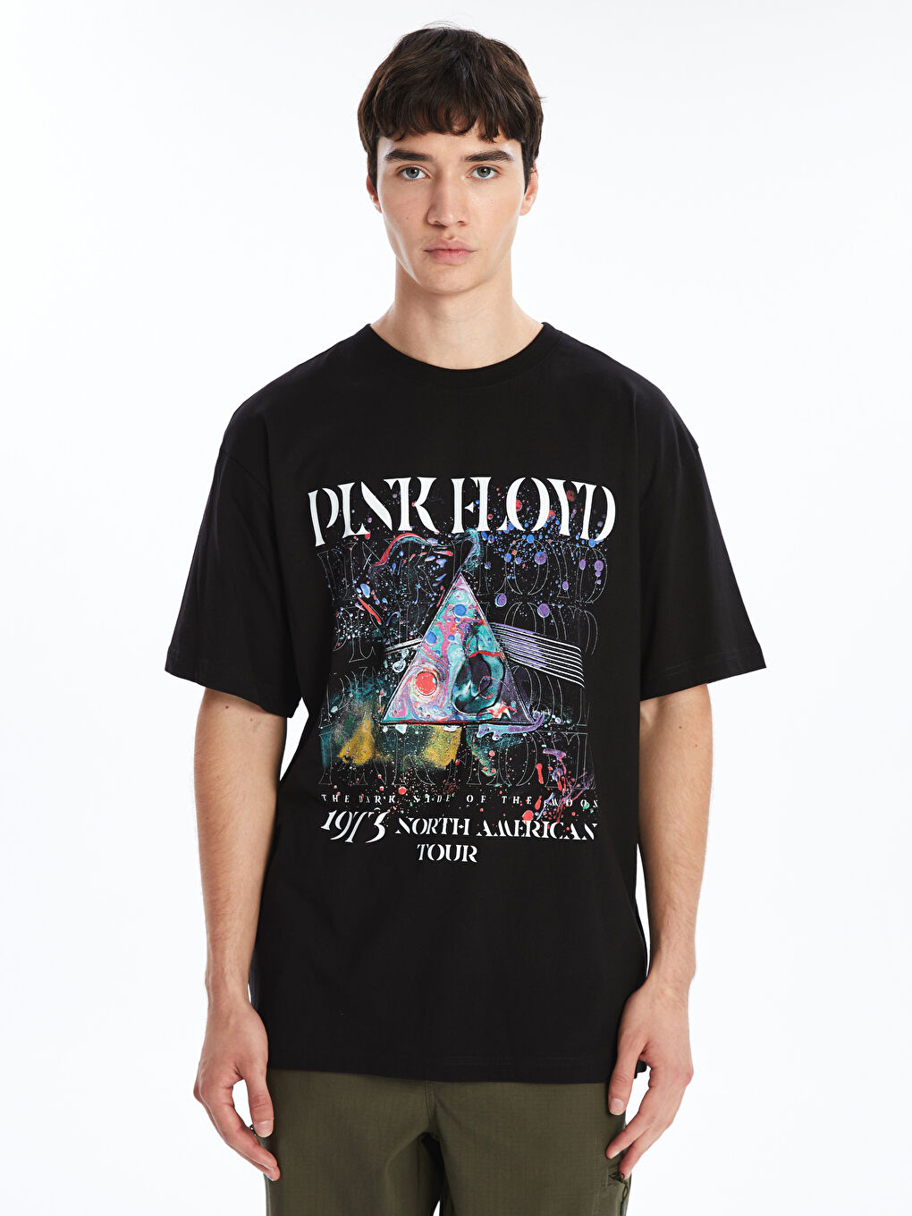 XSIDE Yeni Siyah Bisiklet Yaka Kısa Kollu Pink Floyd Baskılı Penye Erkek Tişört