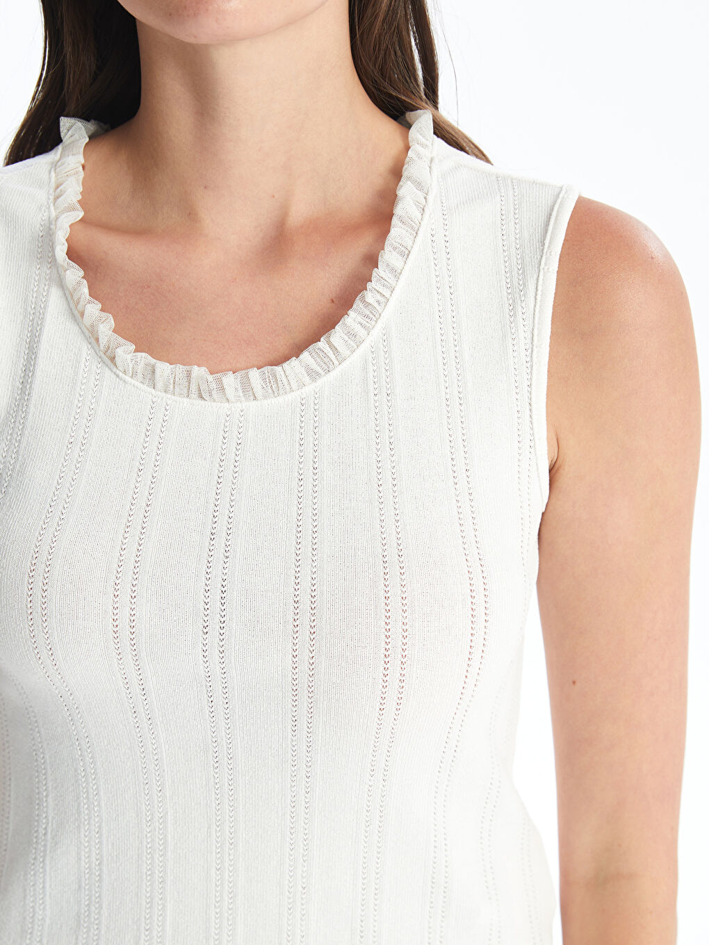 Ekru Kadın Bisiklet Yaka Düz Pijama Takımı-3