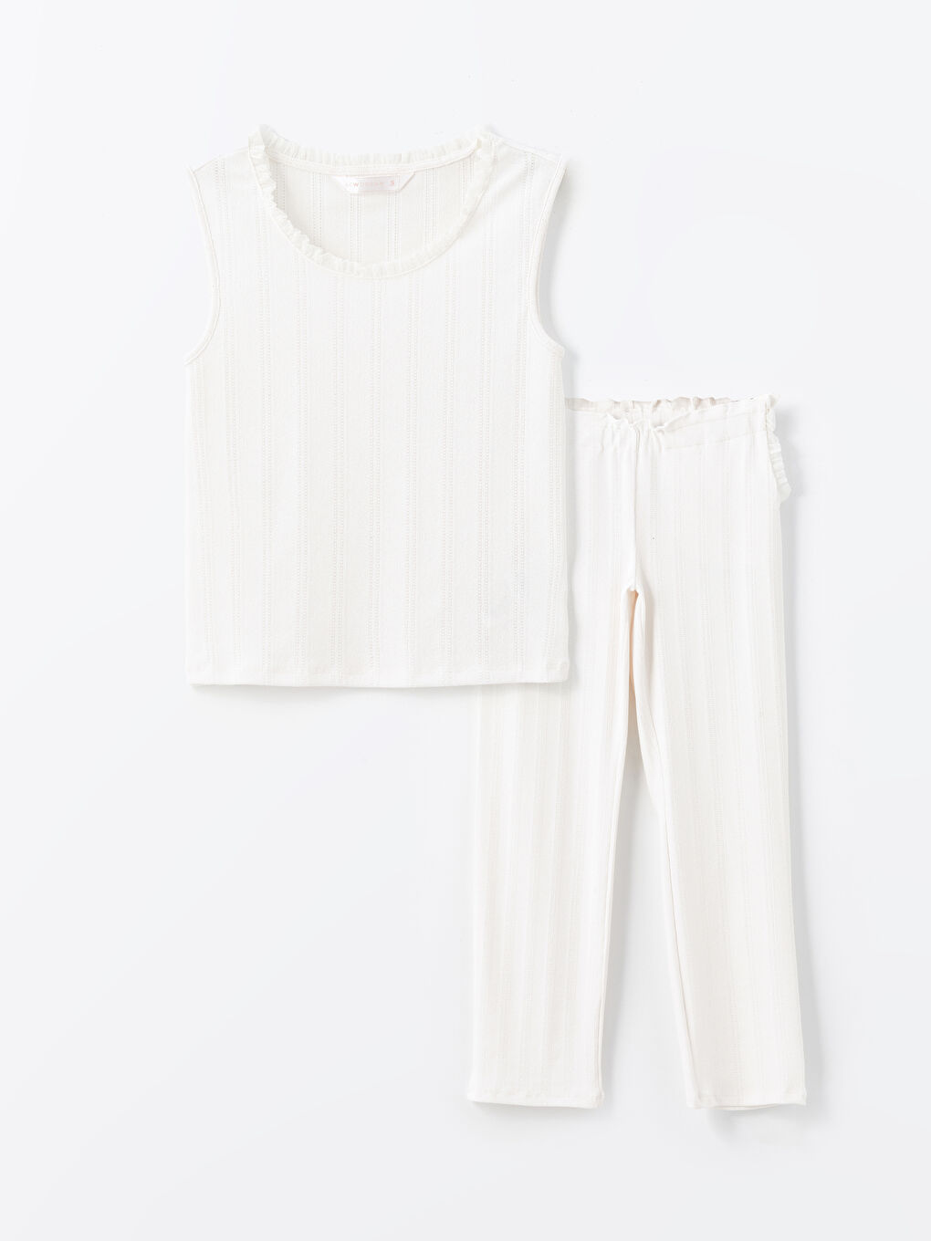 Ekru Kadın Bisiklet Yaka Düz Pijama Takımı-5