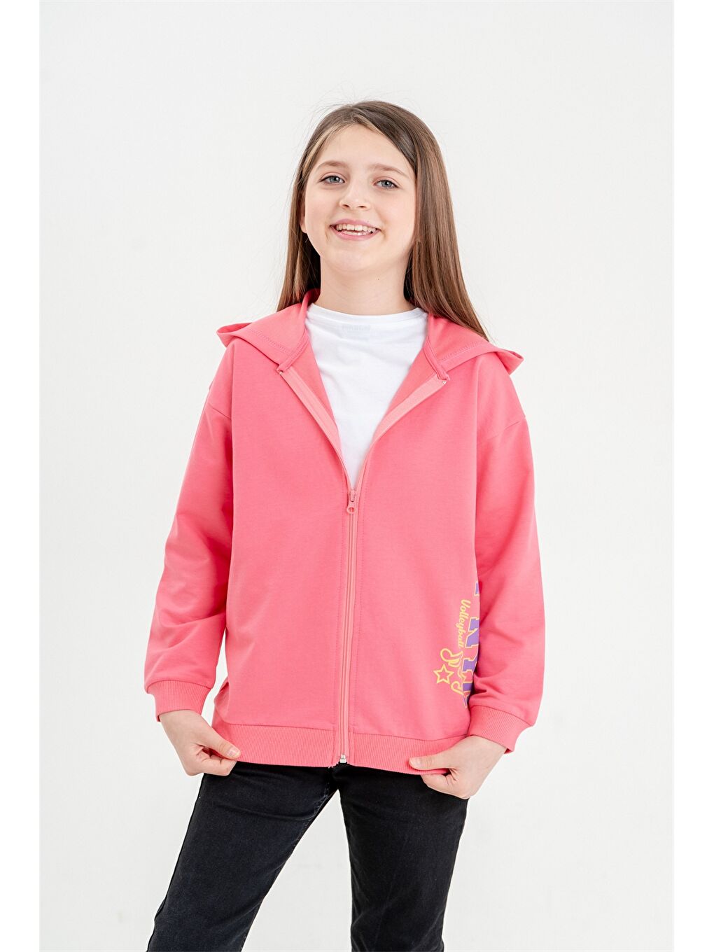 Mışıl Kids Pembe Baskılı Uzun Kollu Kız Çocuk Fermuarlı Sweatshirt