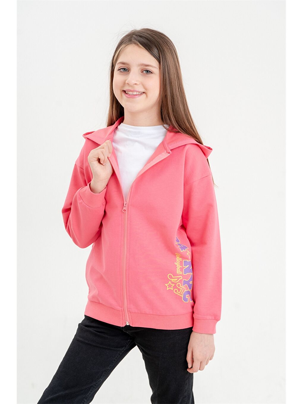 Mışıl Kids Pembe Baskılı Uzun Kollu Kız Çocuk Fermuarlı Sweatshirt - 2