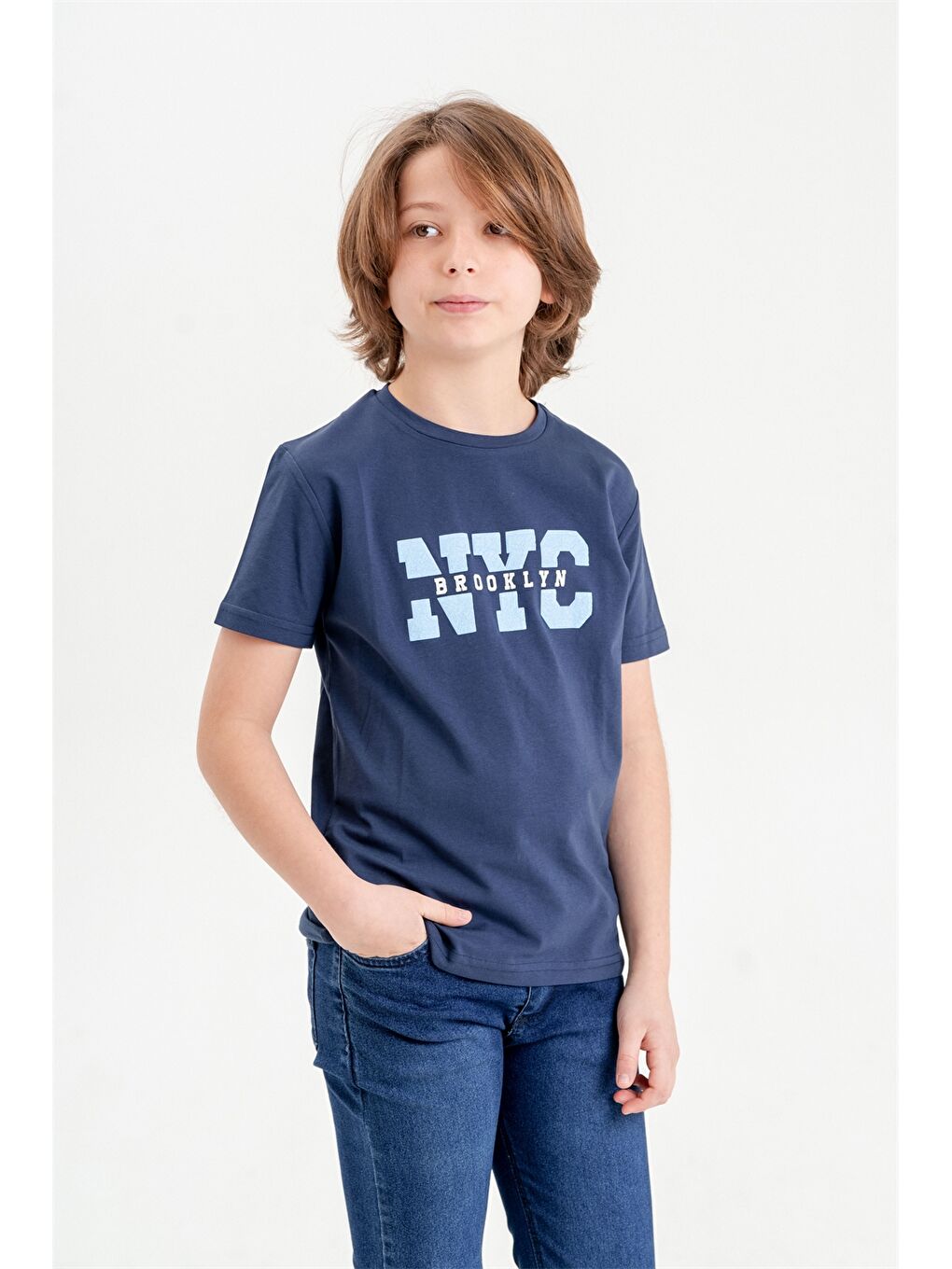 Lacivert Bisiklet Yaka Erkek Çocuk Tişört