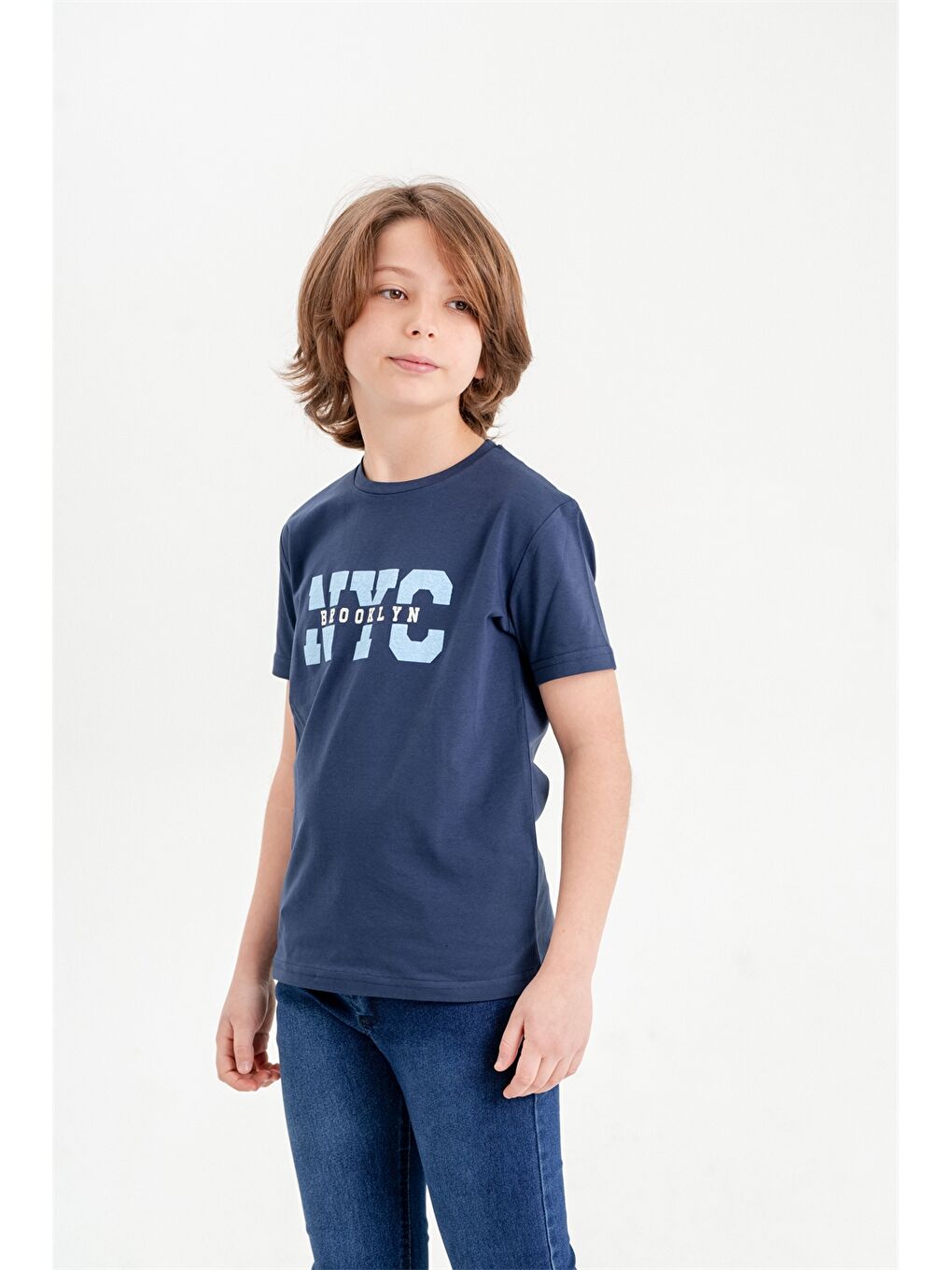 Lacivert Bisiklet Yaka Erkek Çocuk Tişört-1