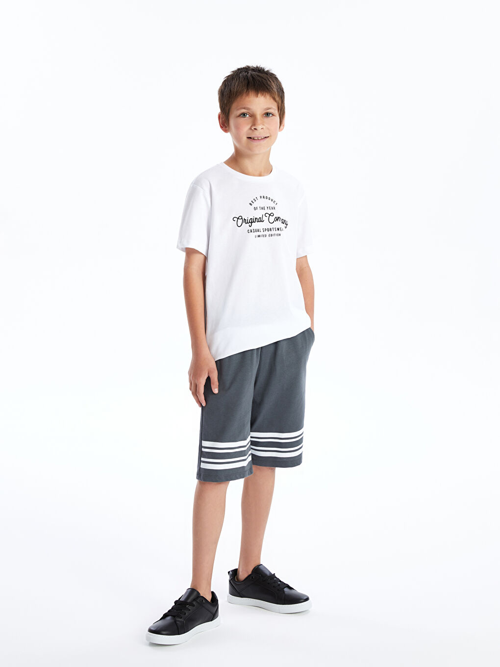 Lacivert Beli Lastikli Çizgili Erkek Çocuk Şort-1