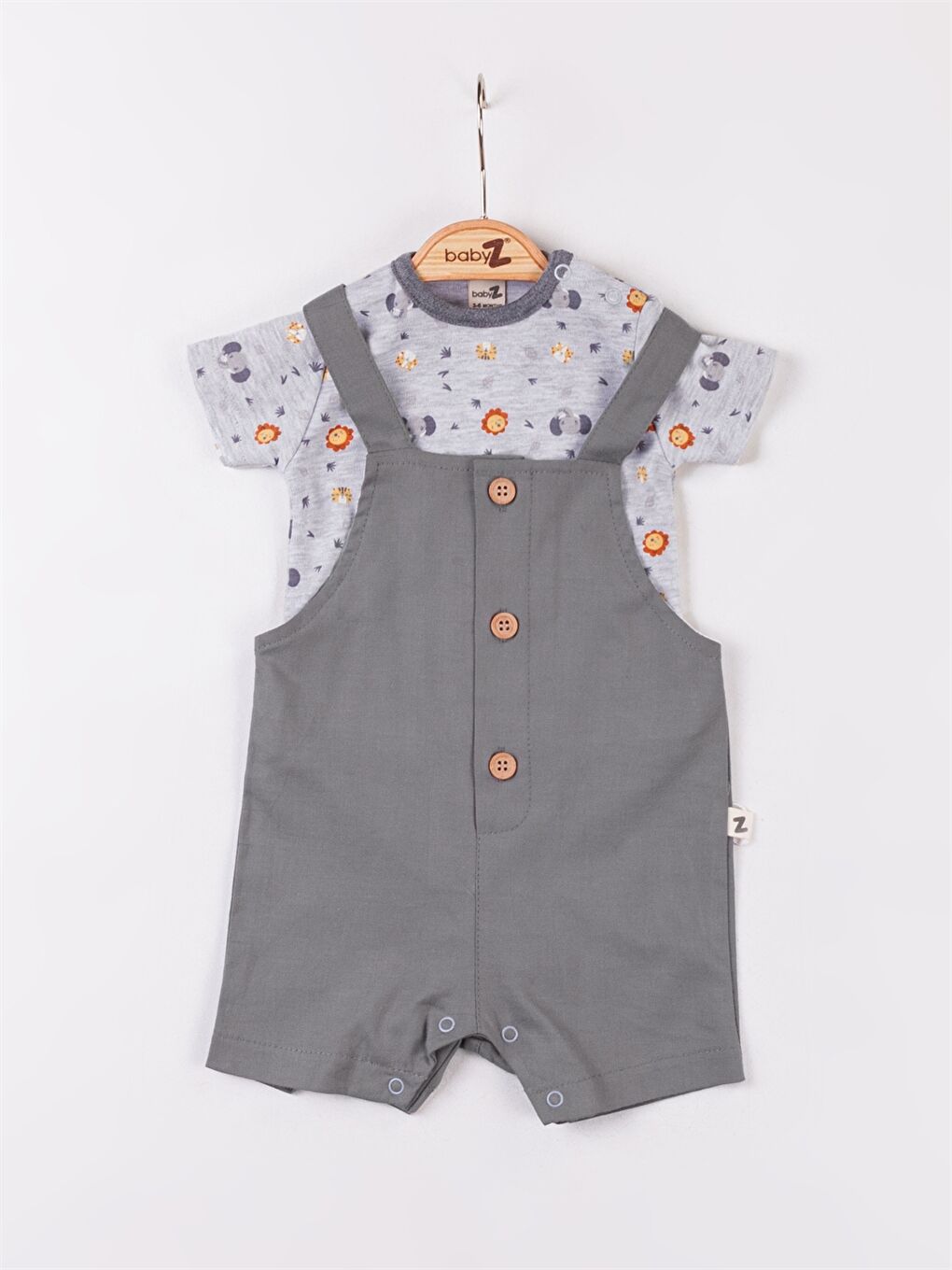 Gri Kare Yaka Askılı Erkek Bebek Salopet ve Tişört 2'li Takım
