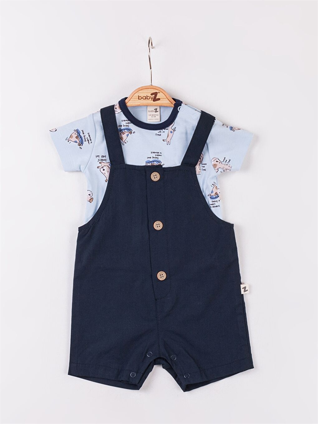 Mavi Kare Yaka Askılı Erkek Bebek Salopet ve Tişört 2'li Takım