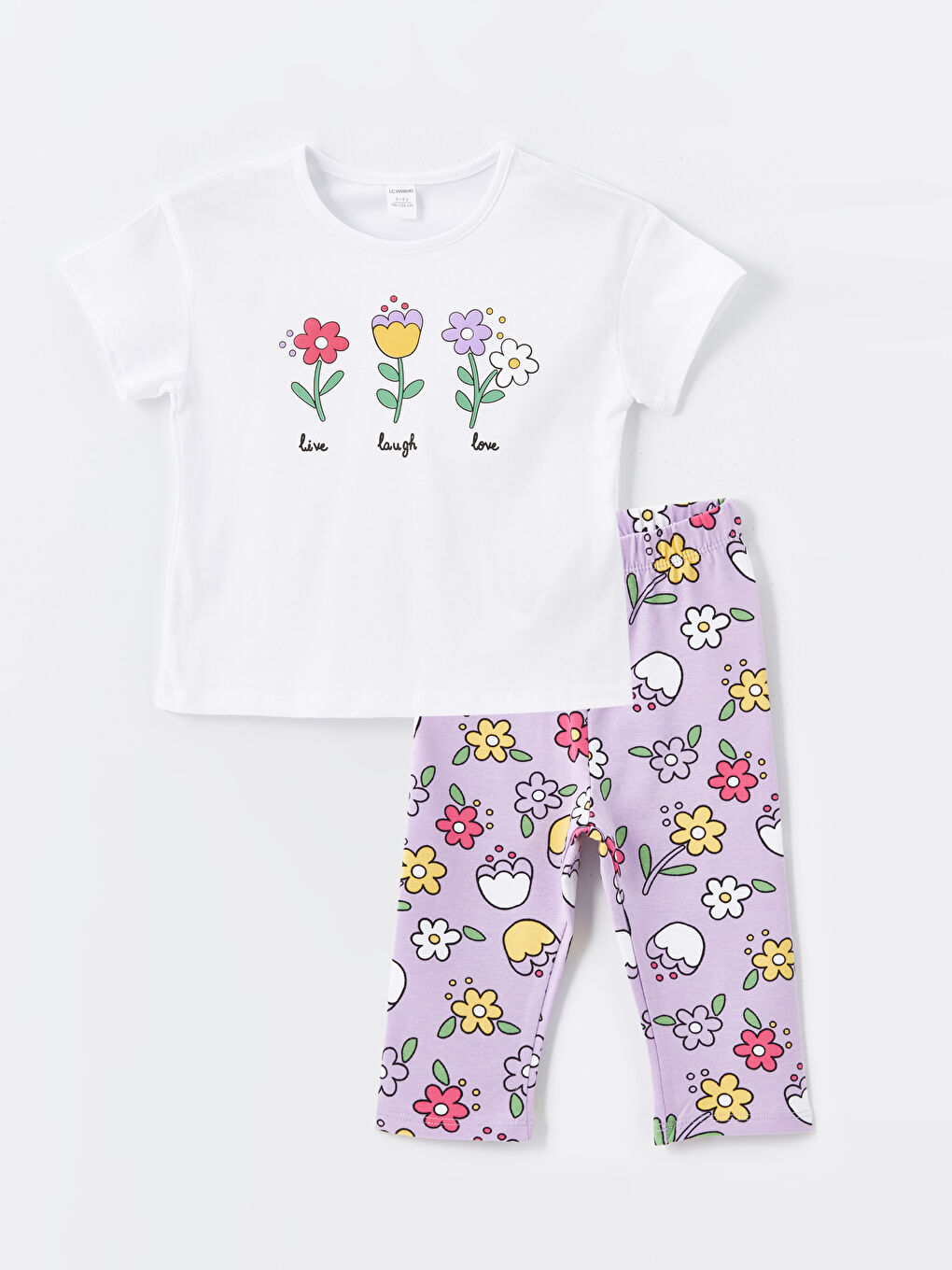 Beyaz Bisiklet Yaka Kısa Kollu Çiçekli Kız Bebek Tişört ve Tayt 2'li Takım