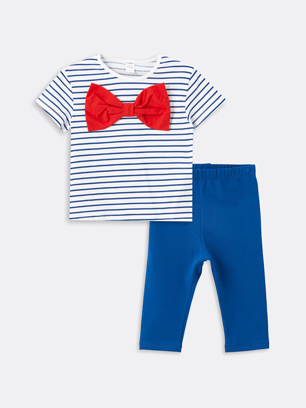 Lacivert Bisiklet Yaka Çizgili Fiyonklu Kız Çocuk Tişört-1